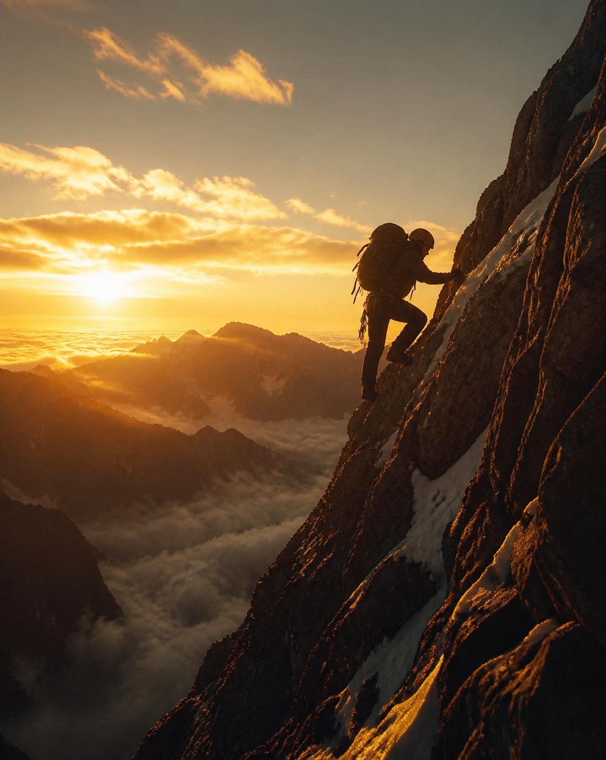 Escalador na montanha ao amanhecer